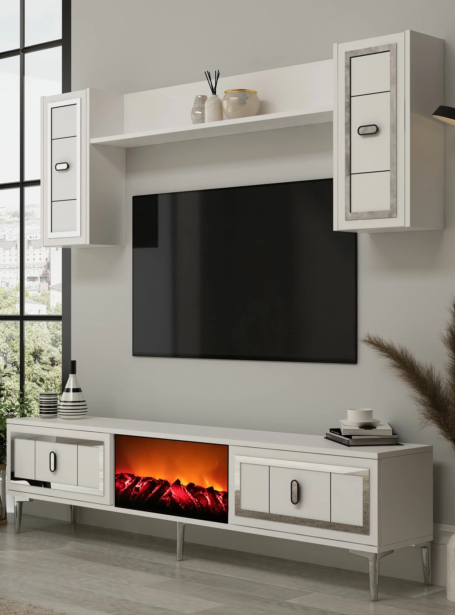 TV enota Skye Decor, kamin Orion - bela, srebrna