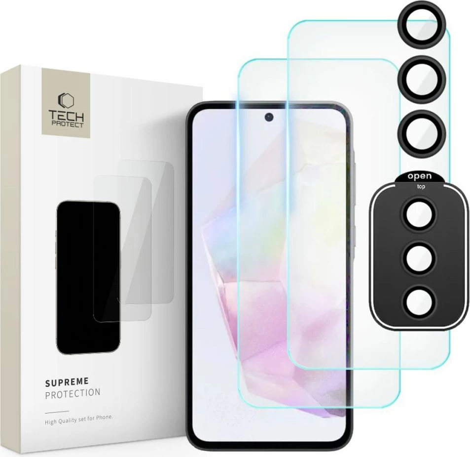 Zaščitni komplet Tech-Protect Supreme za Samsung Galaxy A35 5G, 2x zaščitno kaljeno steklo za zaslon, kaljeno steklo za kamero