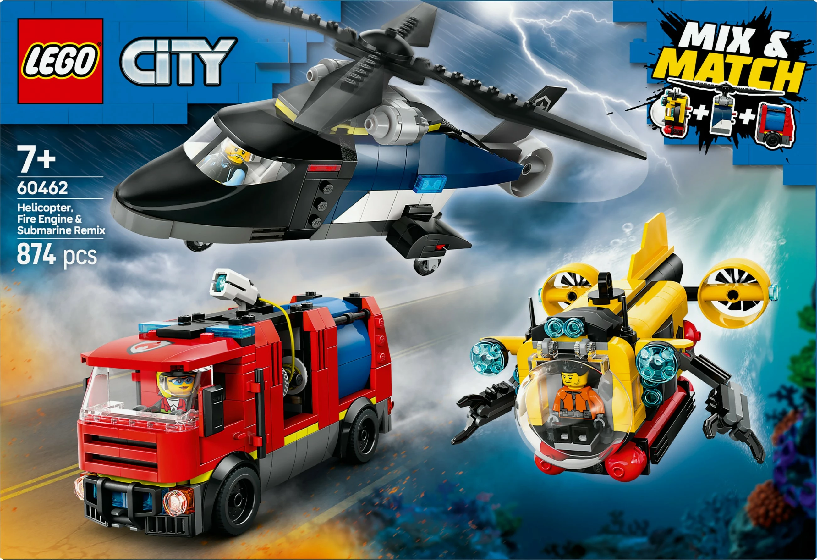 Igriv gradbeni set z 874 kosi, helikopter, gasilsko vozilo, podmornica LEGO City 60462, večbarven