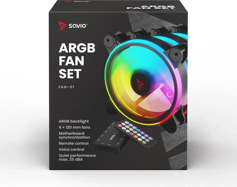 ARGB ventilatorji za ohišje SAVIO FAN-01, 4 kosa s krmilnikom in daljinskim upravljalnikom