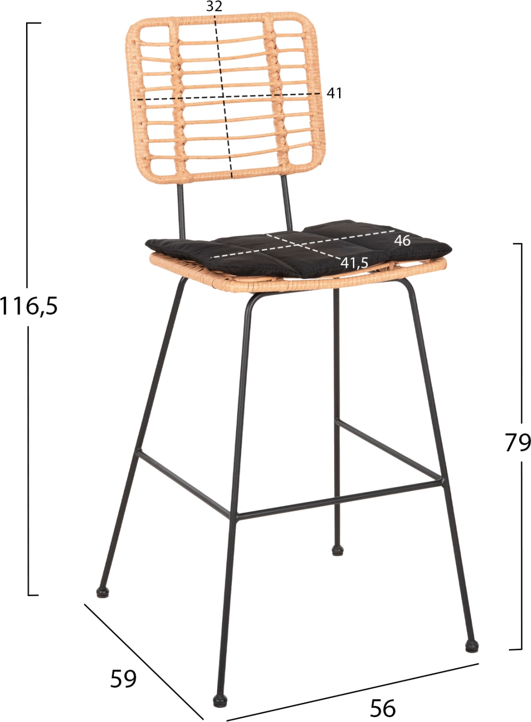 Barski stol Allegra FH5455.11 kovina in blazina črna-pletena bež 56x59x116.5Hcm