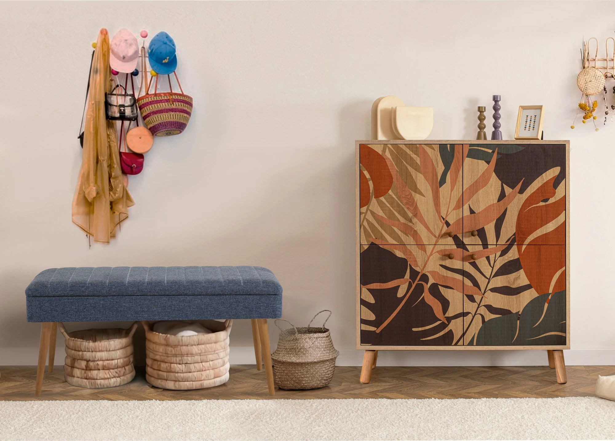 Set pohištva za hodnik, Sonomo in temno modra, Skye Decor, Multilux - Palm - 1048