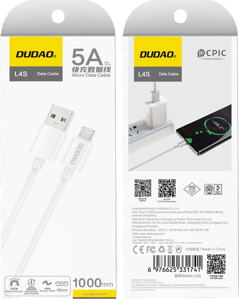 Kabel za polnjenje in prenos podatkov Dudao L4SM, 1 m, USB-A na Micro USB, bel