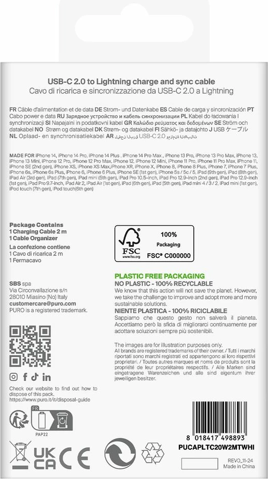 Kabel USB-C na Lightning Puro PUCAPLTC20W2MTWHI, 2 m, 20 W, bel