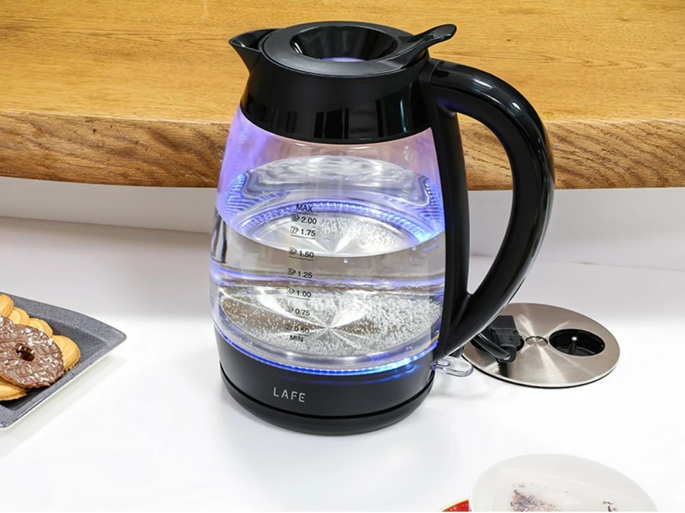 Kuhalo za vodo, električno, 2 L, 2200 W, stekleno, osvetljen merilec nivoja, filter usedlin, vrtljiva podlaga — Lafe Essential XL LAFCZA47573, črno/prozorno