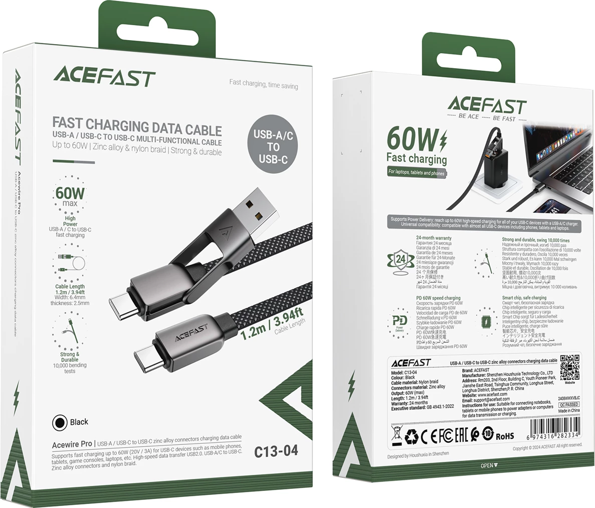 Kabel za hitro polnjenje Acefast C13-04 USB-C na USB-A/USB-C, 1,2 m, 480 Mb/s, 3A, črn