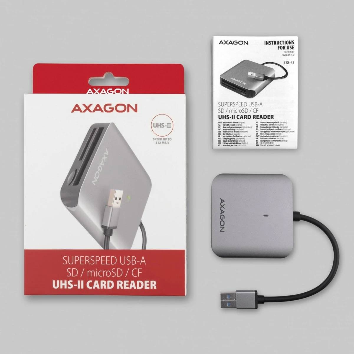 Kompakten bralnik kartic AXAGON CRE-S3, USB-A, 3 reže, USB 3.2 Gen 1, siv