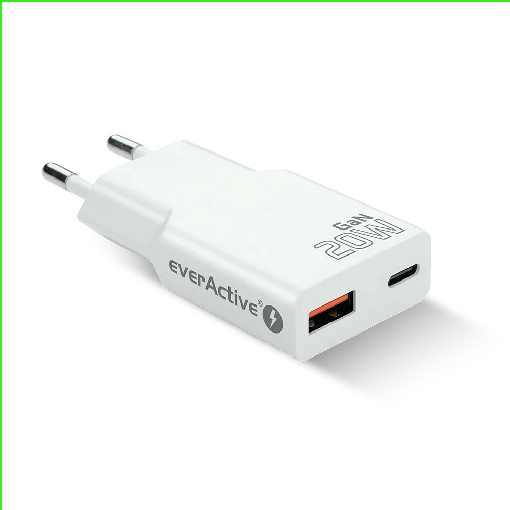 Stenski polnilec GaN super tanek, USB QC 3.0 + USB-C PD 20W, 1x USB-A + 1x USB-C, everActive SC-340Q, bel