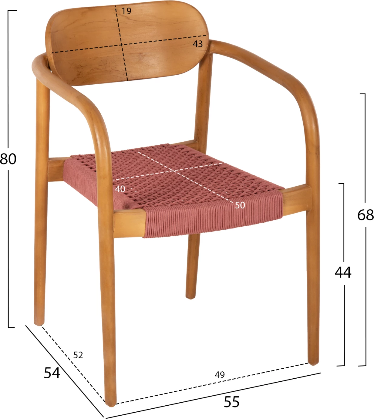 Fotelj OSLO FH9636.06 iz tikovine v naravni barvi in roza vrvi 55x54x80Hcm