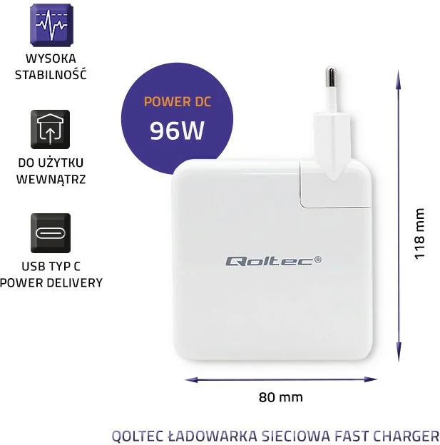 Stenski polnilec Qoltec 96W, USB Type-C PD, bel