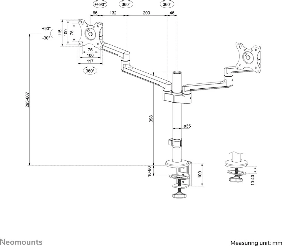 Namizni nosilec za dva zaslona 17–27", Newstar DS60-425BL2, črn
