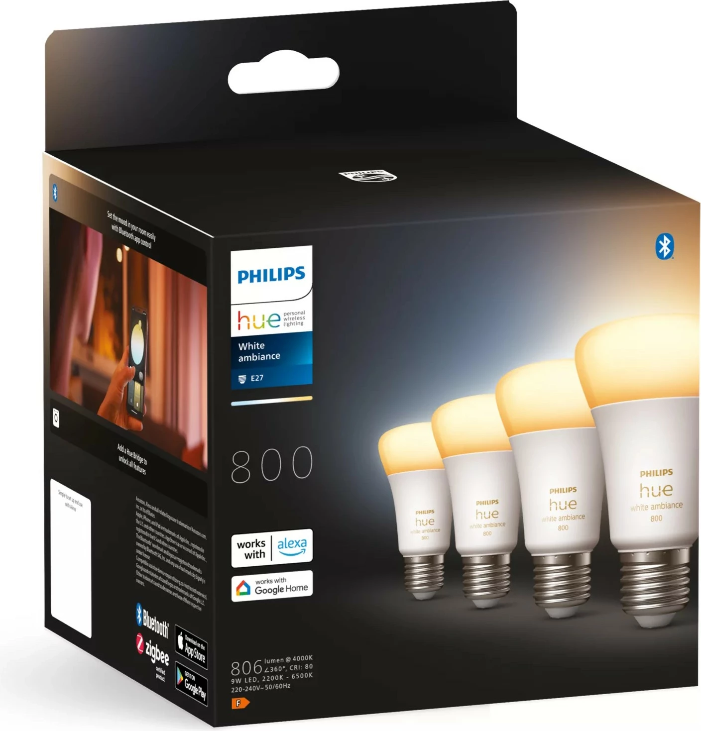 Pametna LED luč White ambience 4-pack E27, Philips Hue, Bluetooth/Zigbee, A60, bela