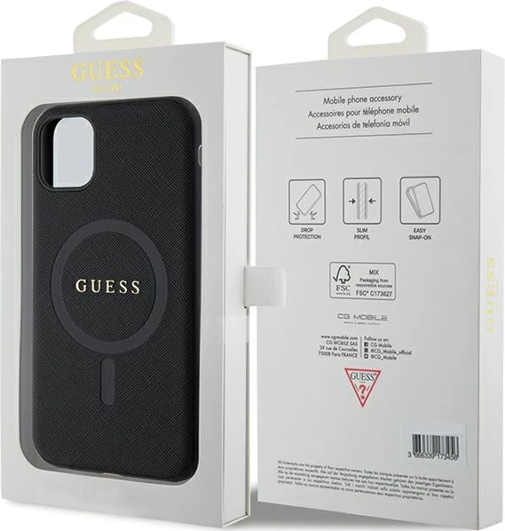 Zaščitni ovitek Saffiano MagSafe za iPhone 11/XR, Guess GUHMN61PSAHMCK, črn