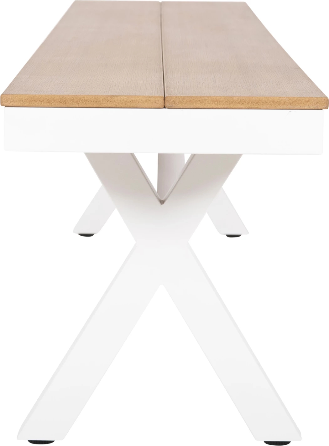 Aluminijasta klop TAWNEE FH6040.02 bela s sedežem iz polilesa v naravni barvi lesa 220x36x44,5Hcm