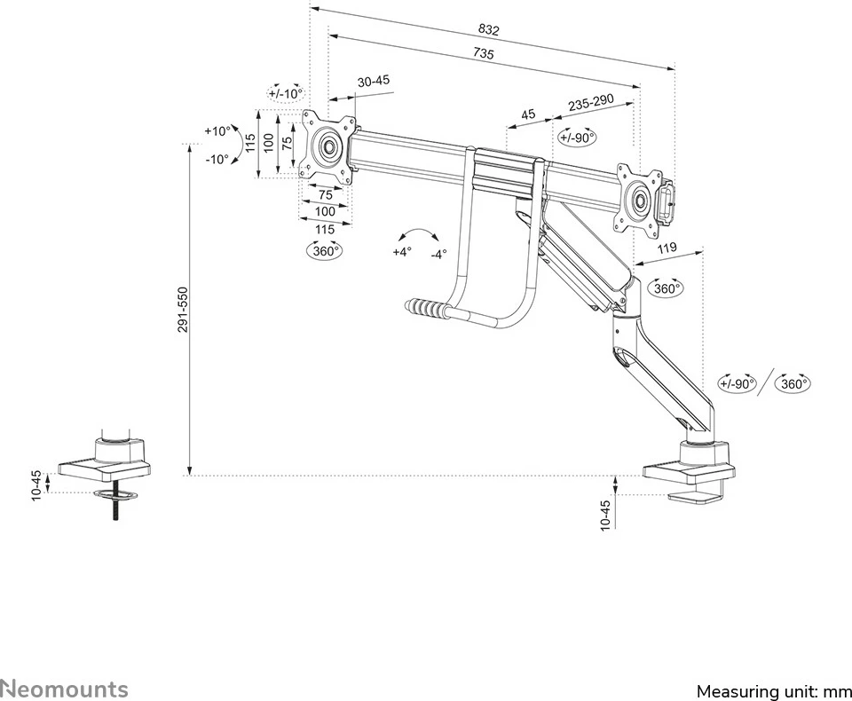 Nagibno stojalo za dva monitorja Neomounts DS75-450BL2, objemka/gnom, 8 kg, 17"-32", 100 x 100 mm, črno