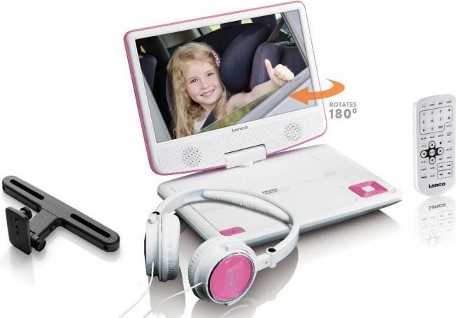 Prenosni DVD predvajalnik Lenco DVP-910, 9-palčni, USB, z držalom za avto, roza/bel
