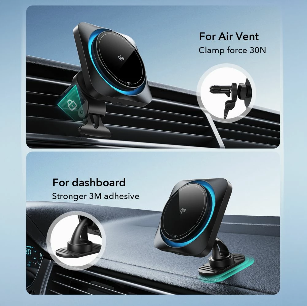 Brezna za držalo in polnilec brezžični ESR HaloLock CryoBoost za avto, Qi2 15W, črn