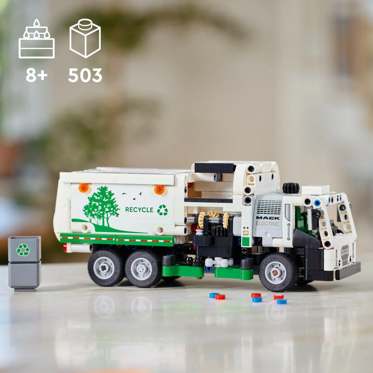 Gradbeni set LEGO Technic električni tovornjak za odvoz smeti Mack LR, 503 kosi, večbarven