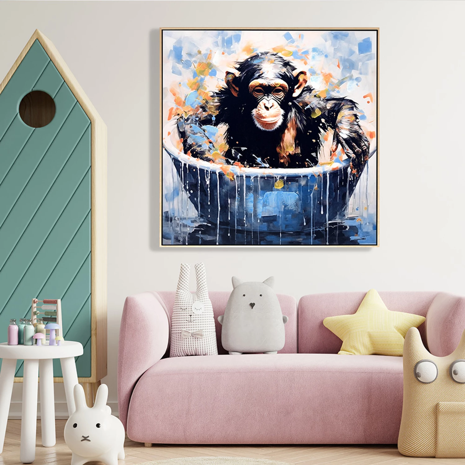 Stenska slika FH4539 bež PS okvir-natisnjeno platno s figuro opice 62x4,5x62Hcm