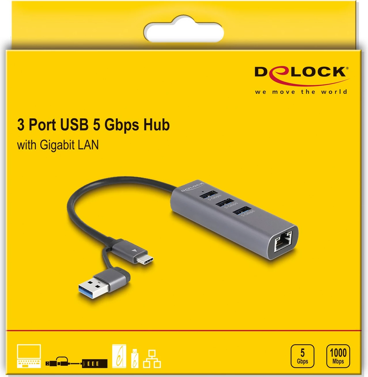 USB razdelilec s 3 vrati in LAN DeLOCK, USB 3.2 Gen 1, Type-C/Type-A, 5 Gbps, kovinski, sivi