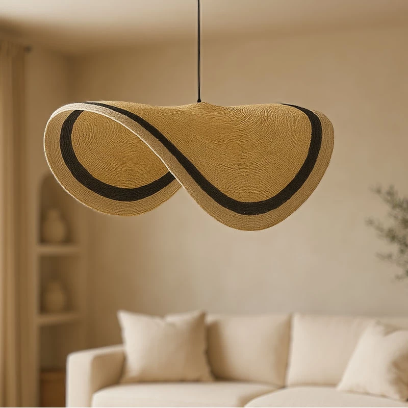 Stropna svetilka Hatchie, naravno-črna-bela, morska trava-železo, D70x123cm