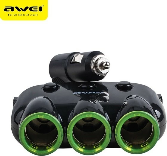 Razdelilec vžigalnikove vtičnice AWEI C-3S, 2x USB, 3 vžigalnikovi izhodi, črn