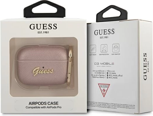Ovitek za Apple AirPods Pro, Guess GUAPSASMP Saffiano Script Metal, rožnat