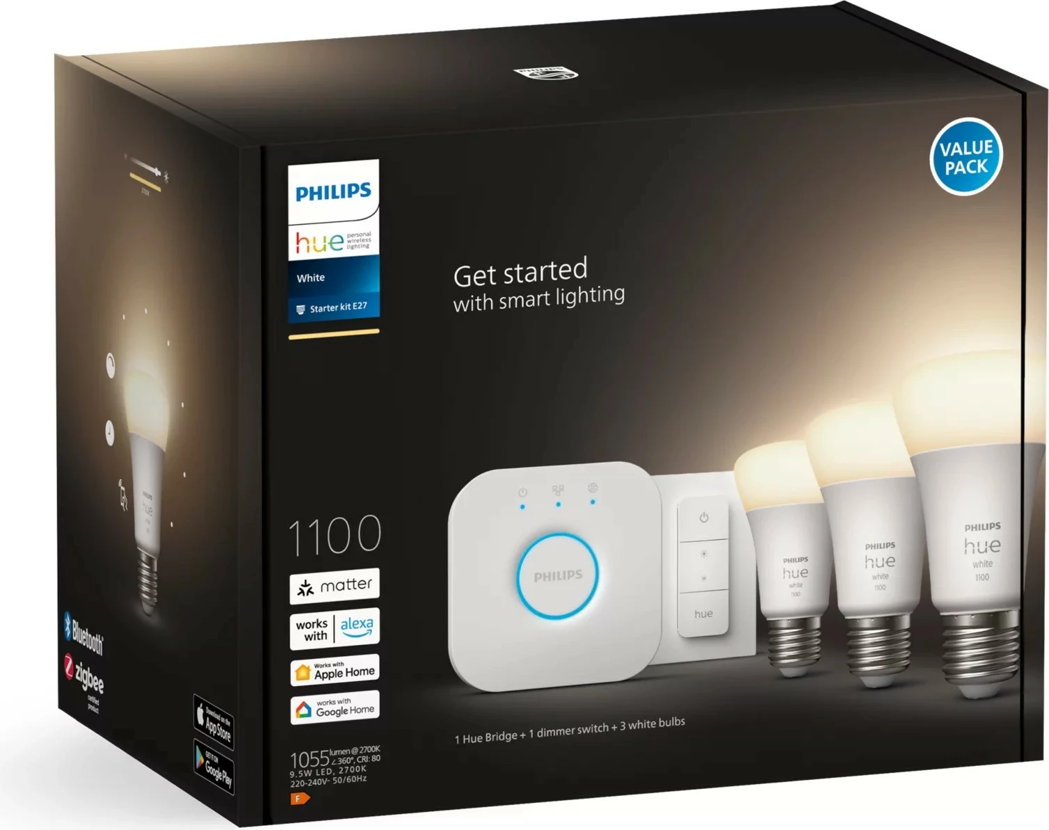 Pametna LED luč Philips Hue White Starter kit, 3 × E27, Bluetooth/Zigbee, bela