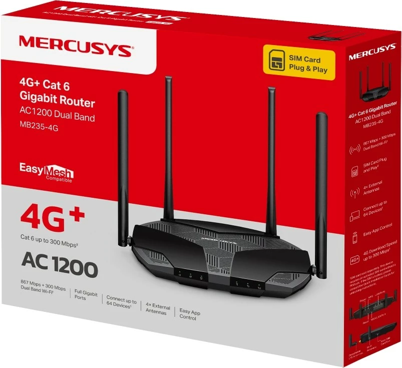 Ruter 3G/4G, 4 LAN porte, NanoSIM Mercusys MB235-4G, črn