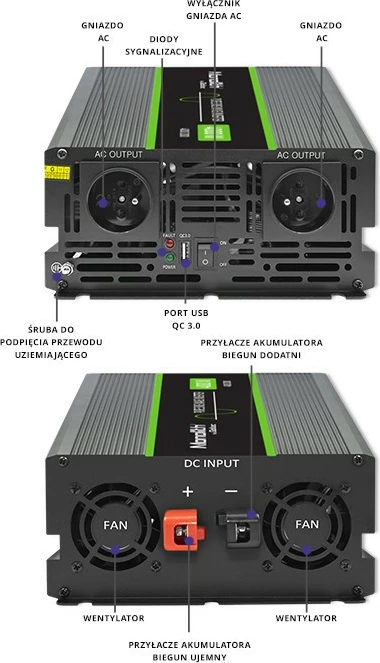 Pretvornik napetosti 2000W/4000W, 24V v 230V, grafit Qoltec Monolith 51939
