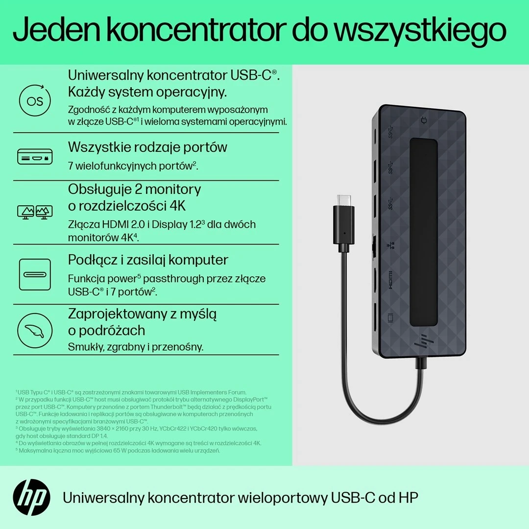 Hub univerzalen Ethernet LAN, 7 vrat, USB-C, HP, črn