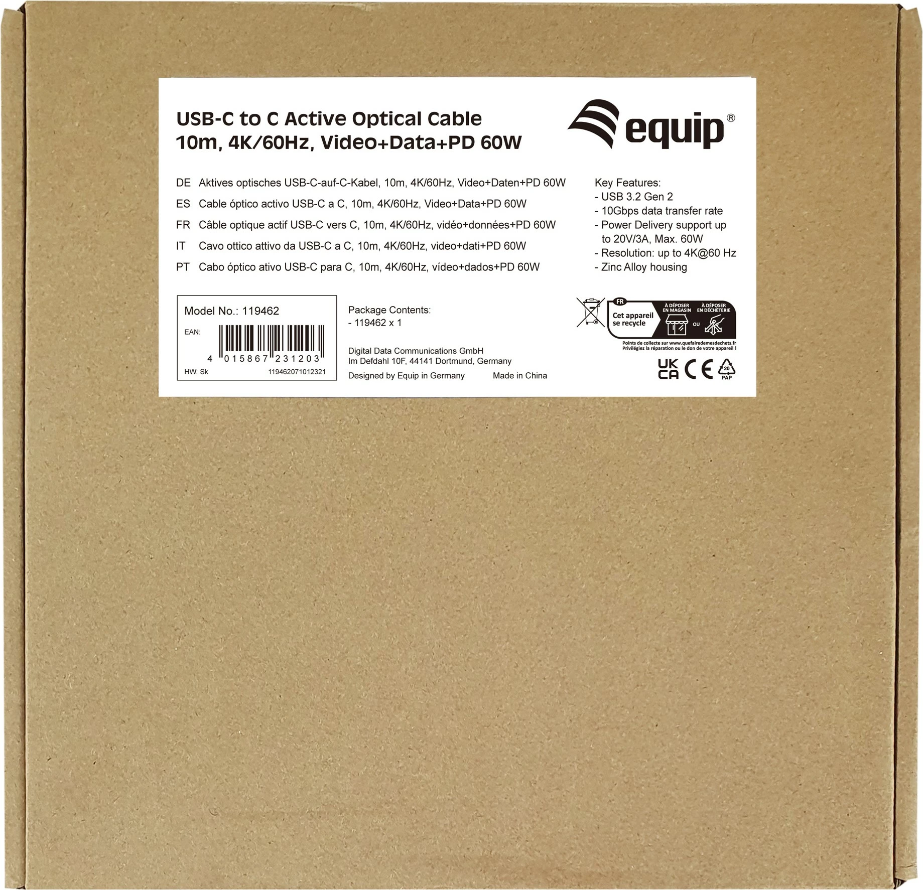 Aktivni optični kabel USB-C na USB-C Equip 119462, 10 m, 4K/60Hz, Video+Podatki+PD, črn