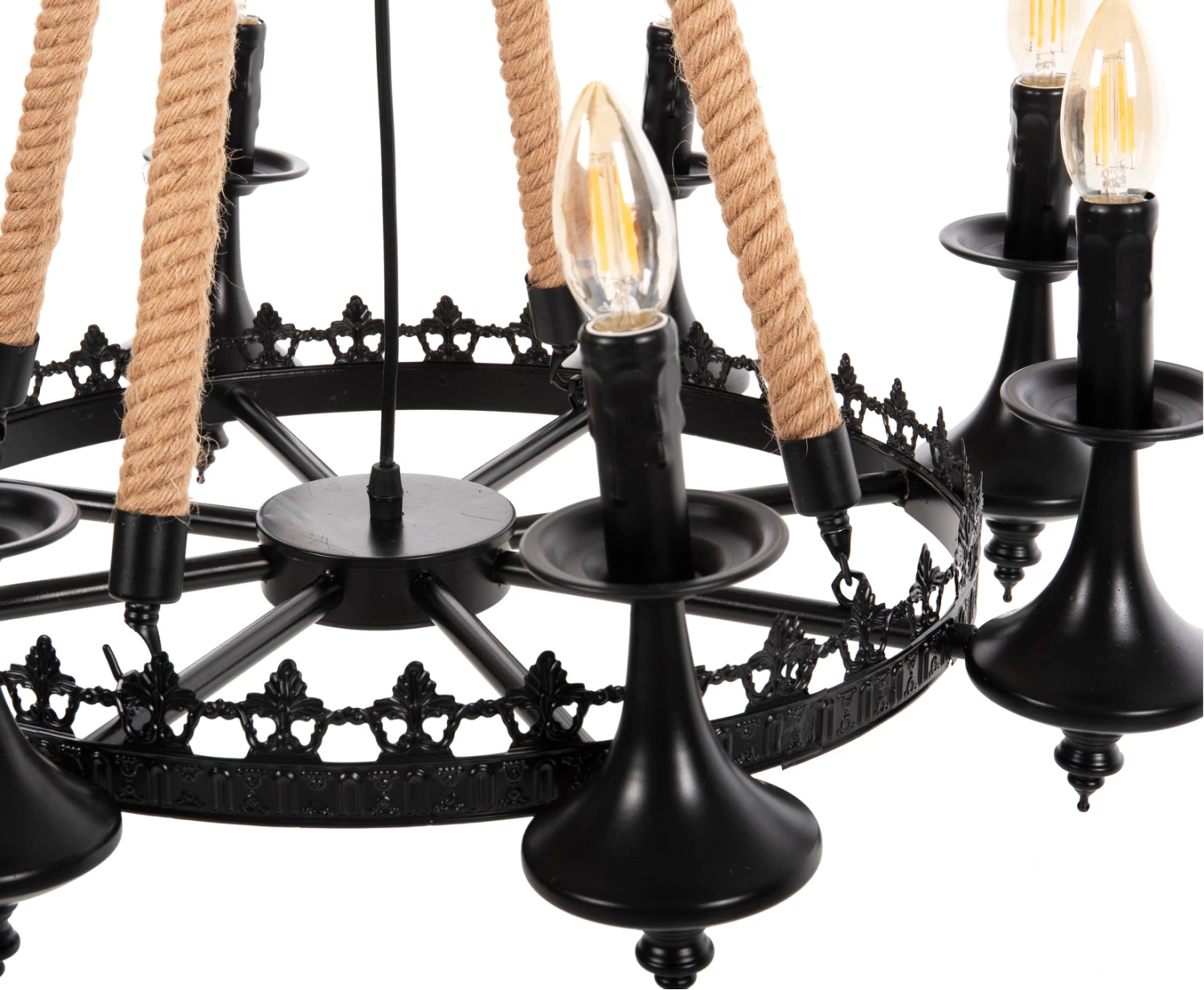 Stropna viseča svetilka z 8 lučmi FH4169 črna kovina-vrv Φ66x131Hcm