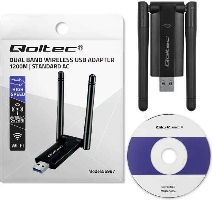 Wi‑Fi USB adapter Qoltec 56987, dvopasovni, 1200 Mbps, 2 anteni, USB 3.0, črn