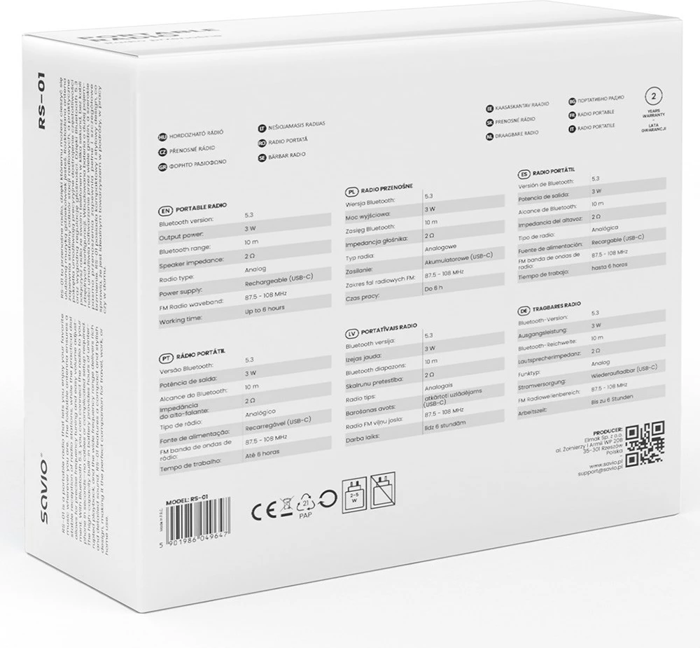 Prenosni radio Savio RS-01, FM, USB, črn