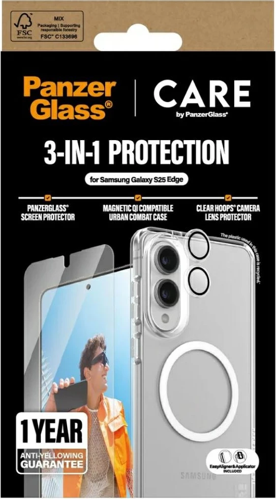 Zaščitni komplet 3-v-1 PanzerGlass CARE za Samsung Galaxy S25 Edge, prozoren