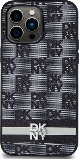 Ovitek za telefon s karo vzorcem in potiskanim črtami, DKNY Leather — za iPhone 14 Pro Max, črn