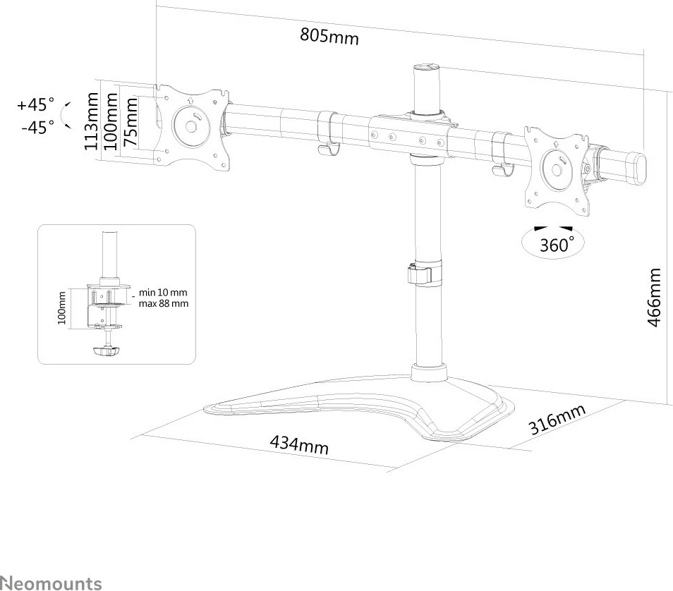 Nosilec za dva monitorja Neomounts NM-D335DBLACK, 2 zaslona, 27", črn