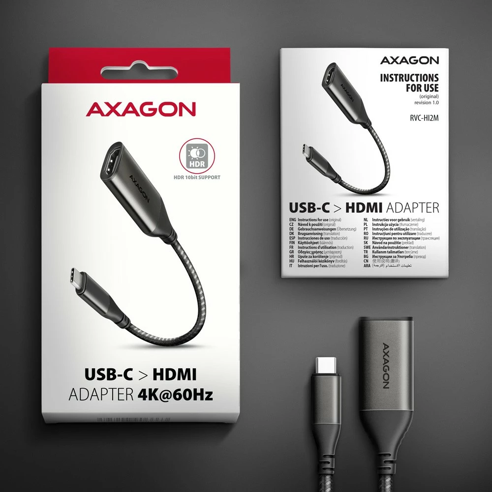 Aktivni adapter USB-C na HDMI 2.0, 25 cm, AXAGON RVC-HI2M, siv