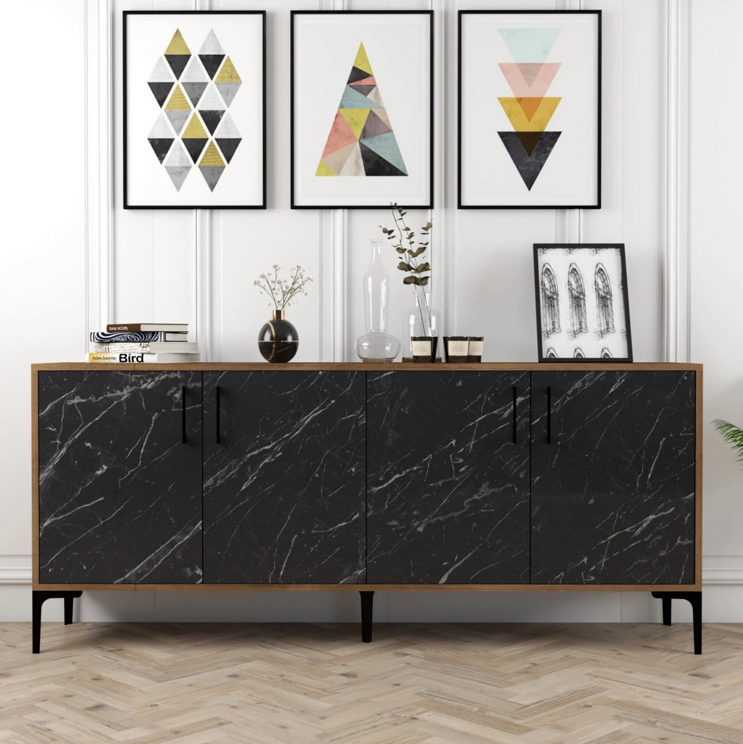 Bife FH9428.03 melamin oreh z vrati v videzu črnega marmorja 180x35x78H cm