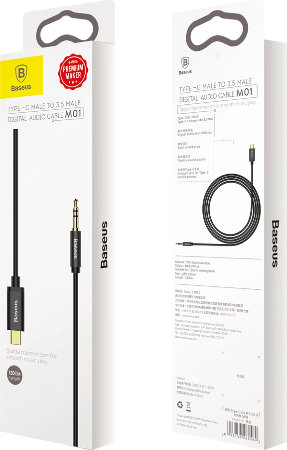 Avdio kabel USB Type-C na 3,5 mm Baseus CAM01-01, 1,2 m, črn