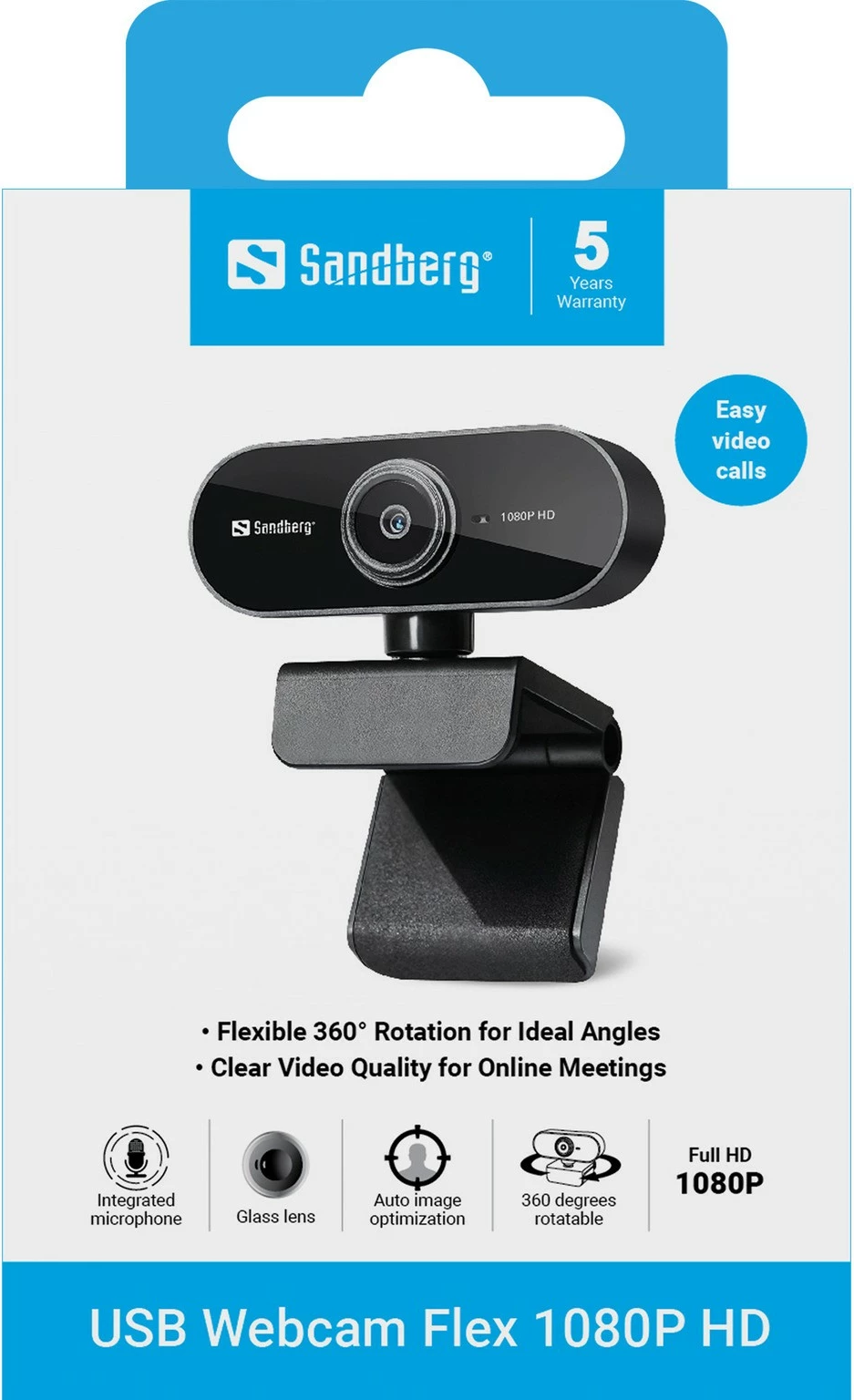 Webkamera 1080P HD, 2 MP, 1920 x 1080, Full HD, 30 fps, USB, črn Sandberg Flex