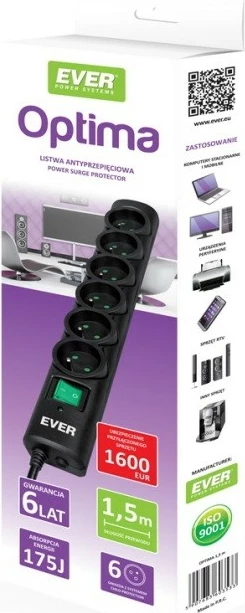Razdelilnik z zaščito pred preobremenitvijo EVER Optima, 6 vtičišč, 3 m, črn