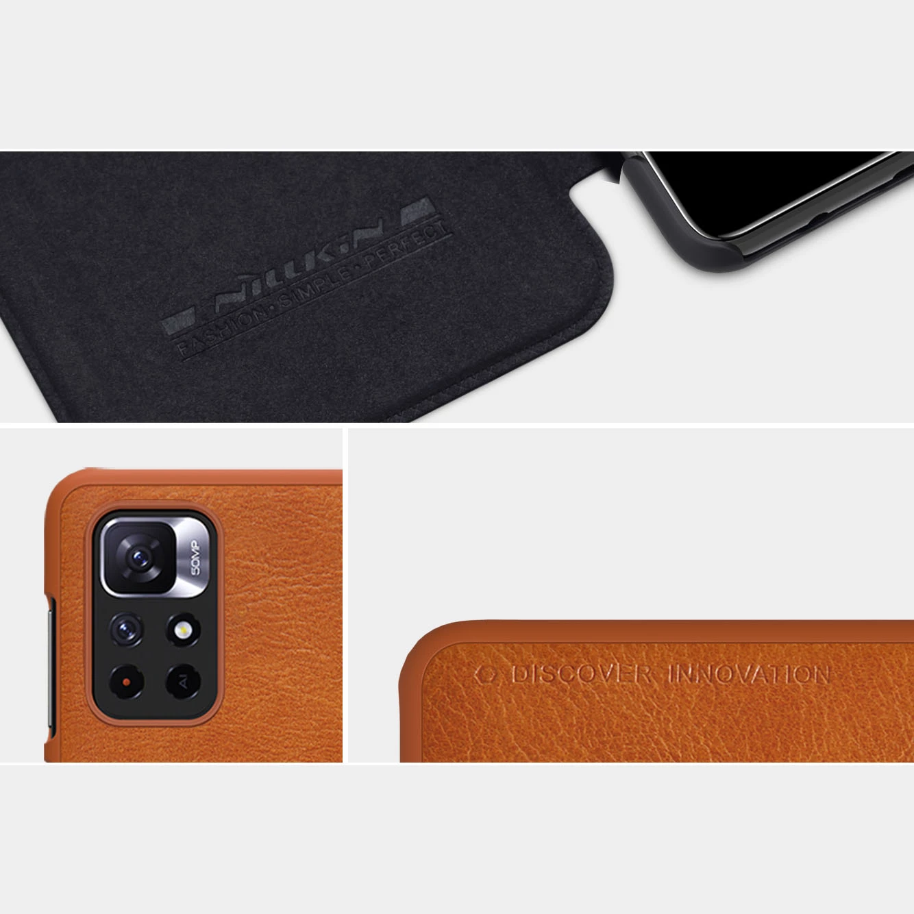 Ovitek za telefon Nillkin Qin Case za Xiaomi Redmi Note 11T 5G / Note 11S 5G / Note 11 5G (China) / Poco M4 Pro 5G, rjav