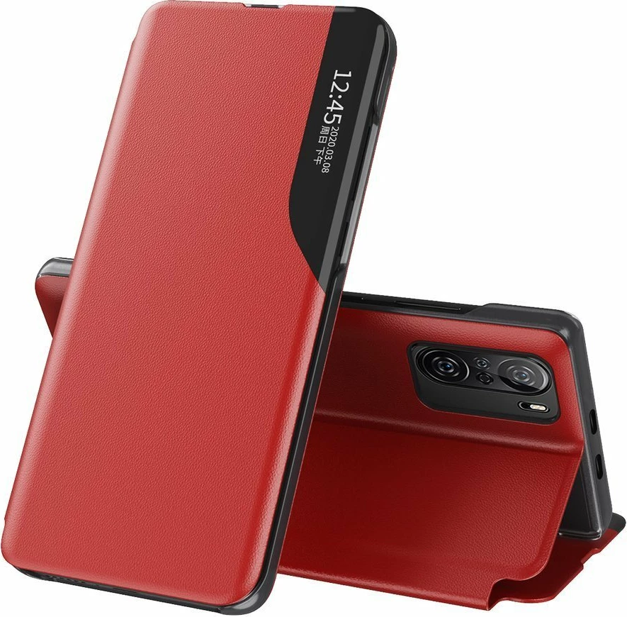 Ovitek za telefon z ovitkom in stojalom Hurtel Eco Leather View Case, za Xiaomi Redmi K40 Pro+, K40 Pro, K40, Poco F3, rdeč