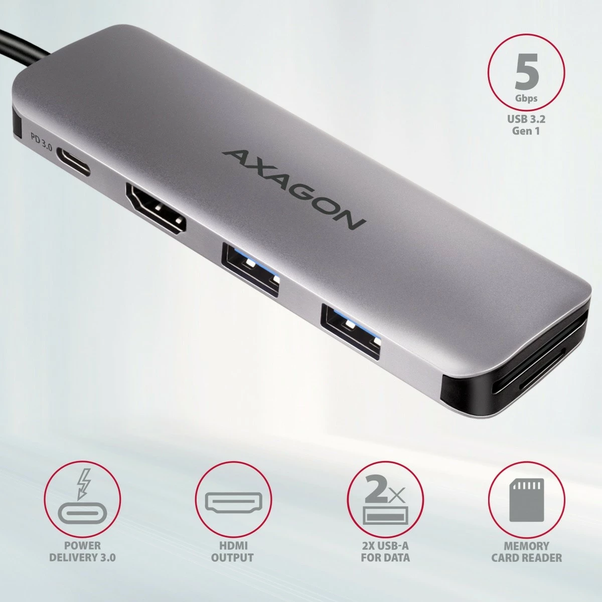 Multiport adapter AXAGON HMC-5, 5 vrat, USB-C, HDMI 4K, SD/microSD, Power Delivery 100W, 20cm, črno/siv