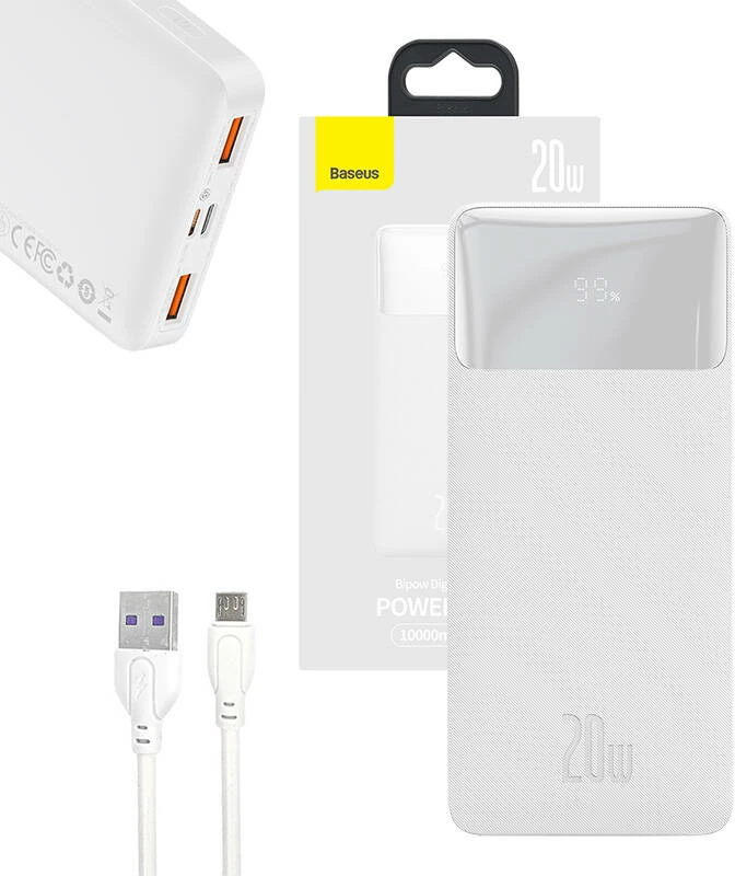 Powerbank 10000 mAh, 20W, bel — Baseus Bipow