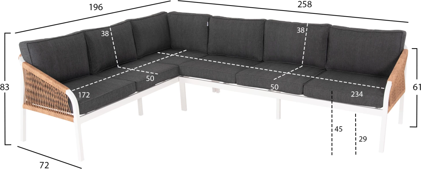 Zunanji kotni lounge set MAERLY FH6140.01 iz belega aluminija z antracitnimi blazinami in bež sintetično vrvjo