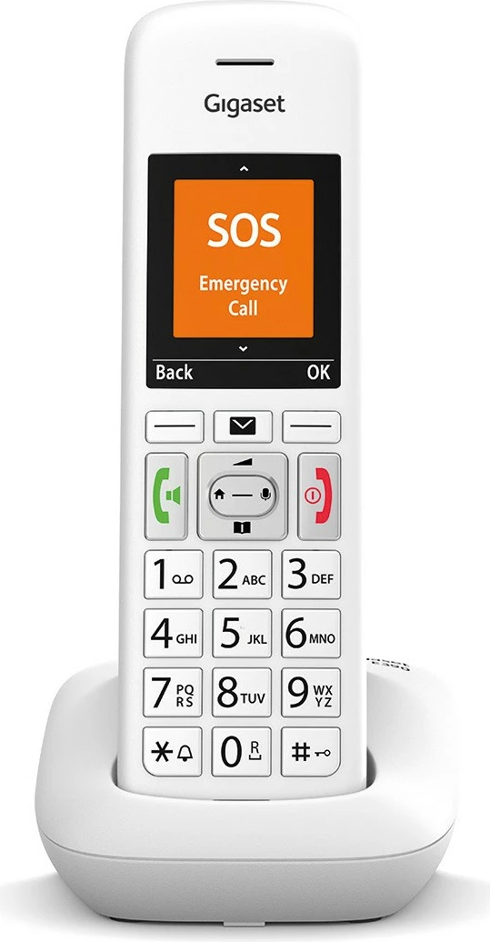 Brezžični telefon Gigaset E390, analogni/DECT, s prostoročnim klicem, 200 stikov, ID klicatelja, bel