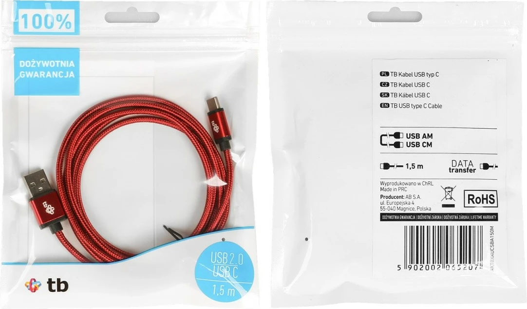 USB kabel USB na USB Type-C TB AKTBXKUCSBA150M, 1,5 m, rdeč (Ruby)